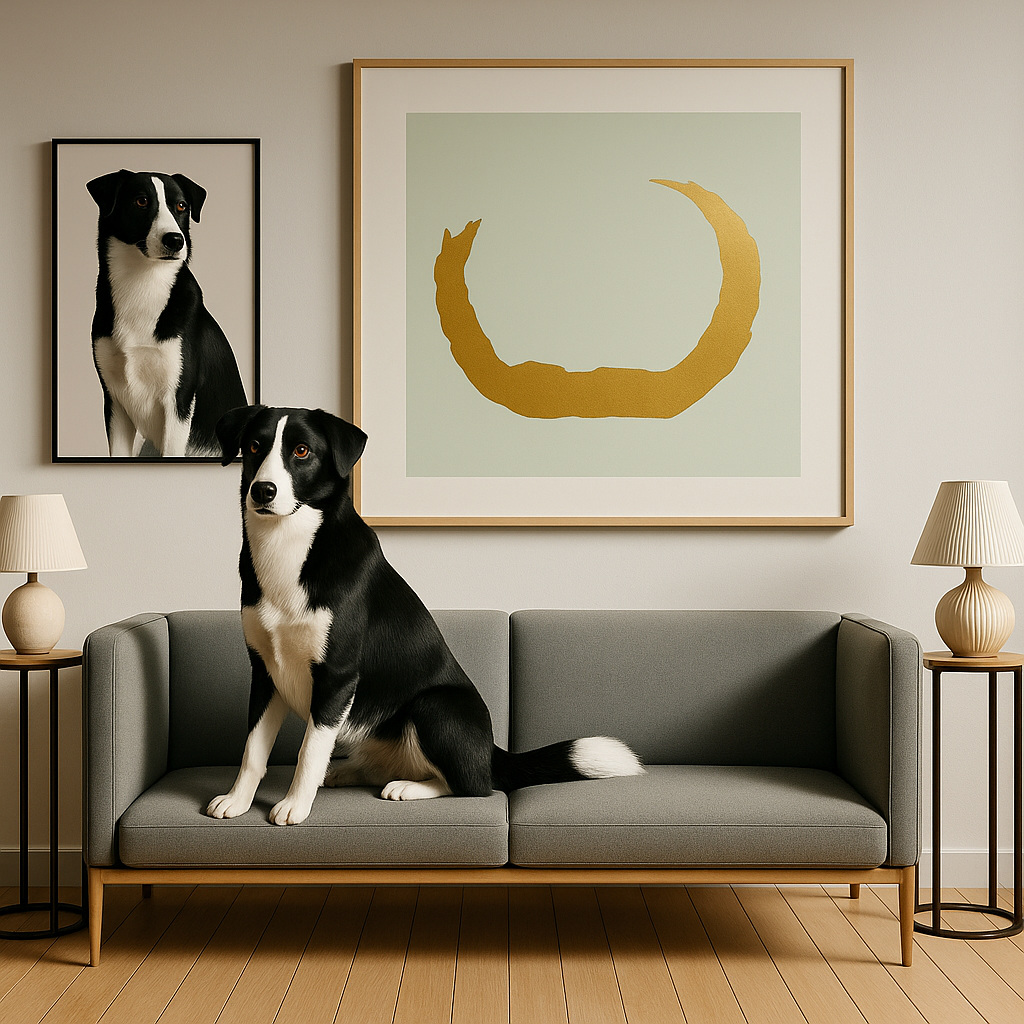 The Collector artwork with a border collie on a sofa beneath a portrait and golden circle