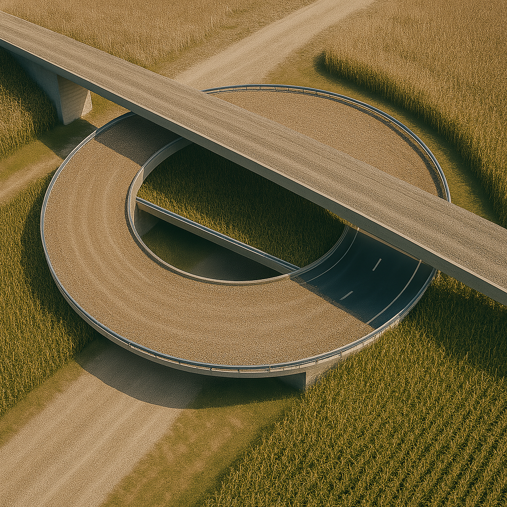 Cornfield Overpass at Daybreak aerial artwork showing a circular highway loop through a golden cornfield