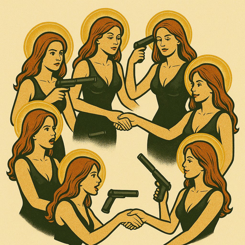 Divine Justice and Silent Vows artwork showing seven haloed women gathered in a circle