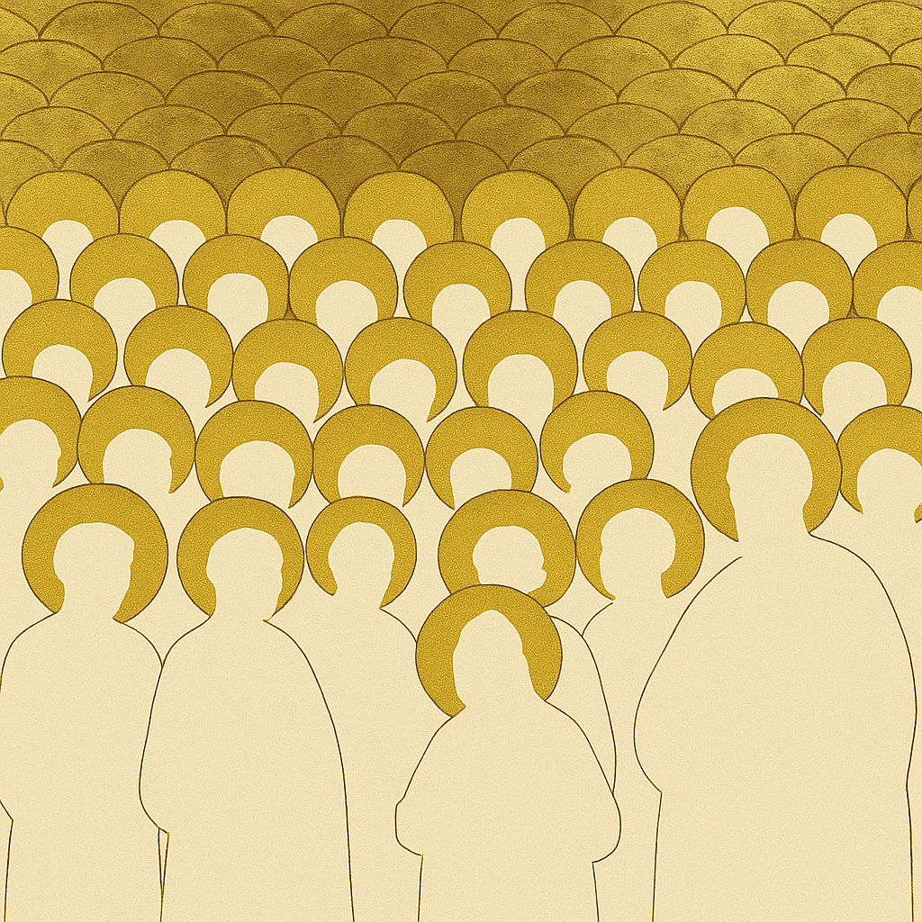 Communion of Saints artwork showing an immense crowd of haloed figures receding into gold