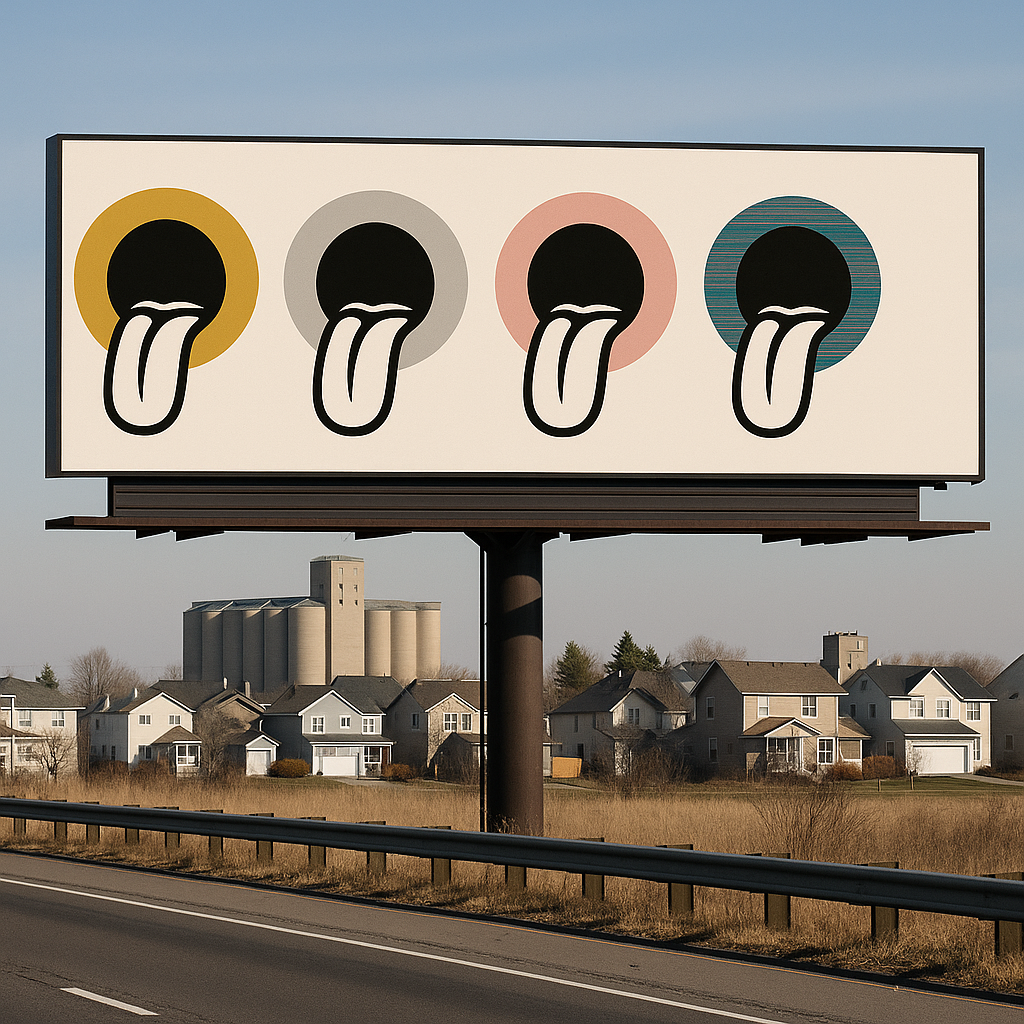 Roadside Devotion artwork with four haloed tongue symbols on a highway billboard