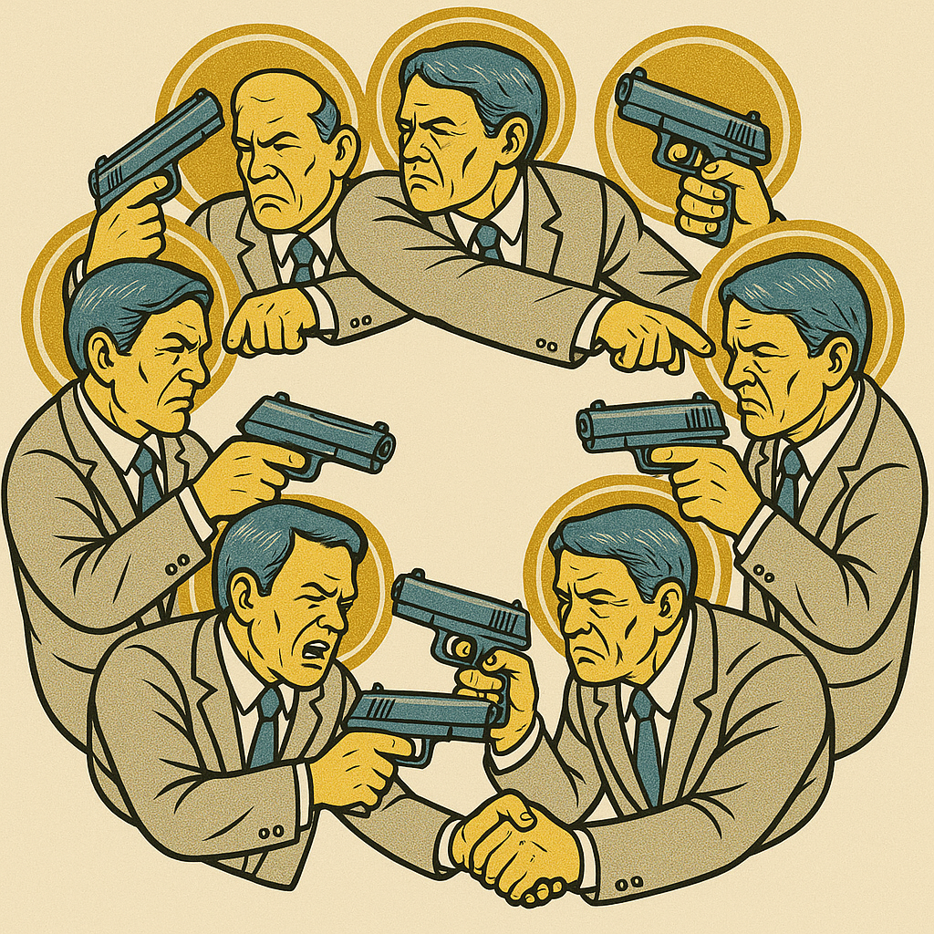 The Council artwork showing seven haloed men in suits arranged in a tense circle