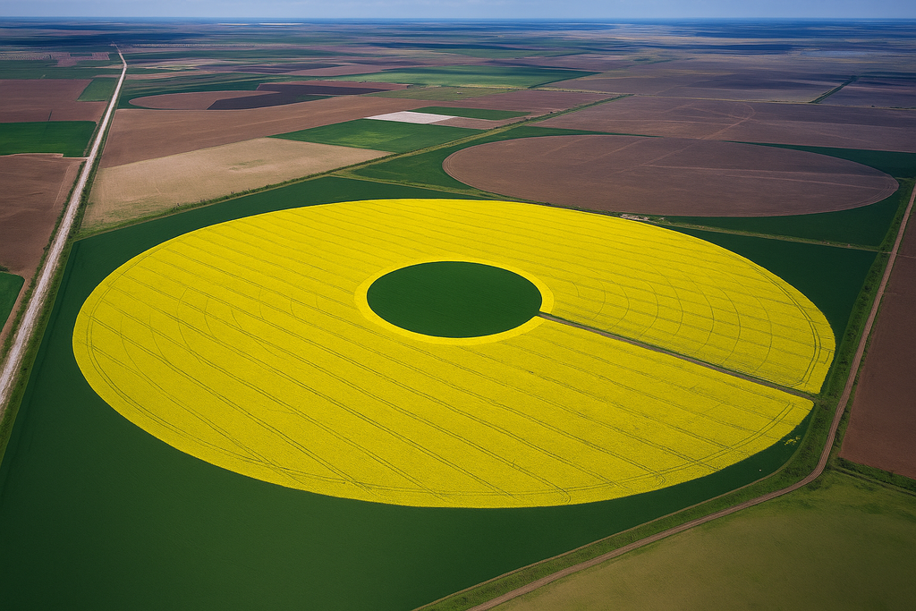 The Yellow Field aerial artwork with a circular yellow canola field and dark green center