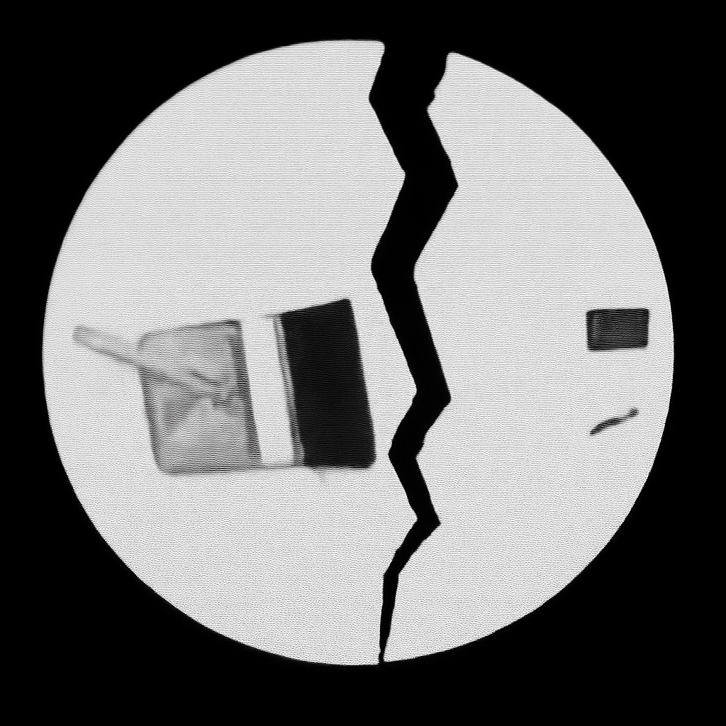 Fault Line artwork featuring a cracked white circle on black with abstract forms separating