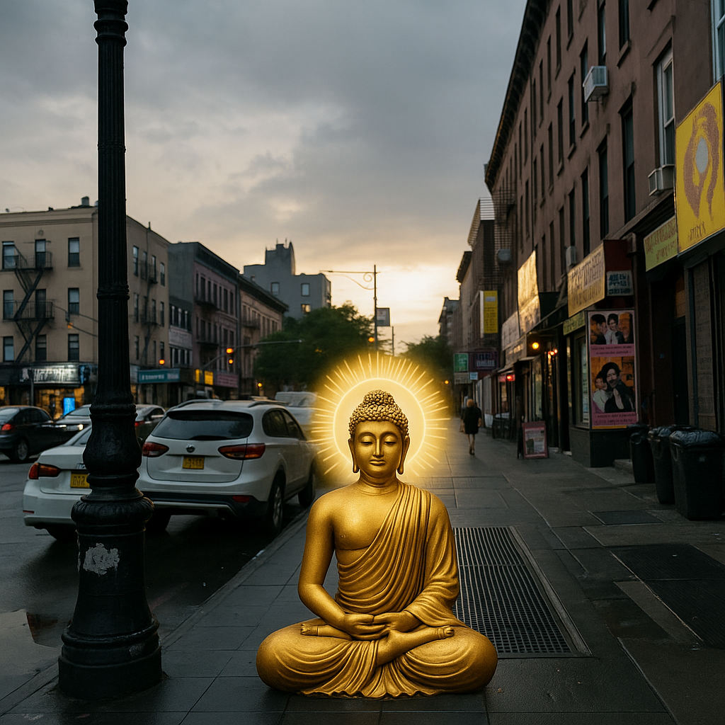 Rush Hour Enlightenment artwork with a glowing golden Buddha meditating on a New York City sidewalk