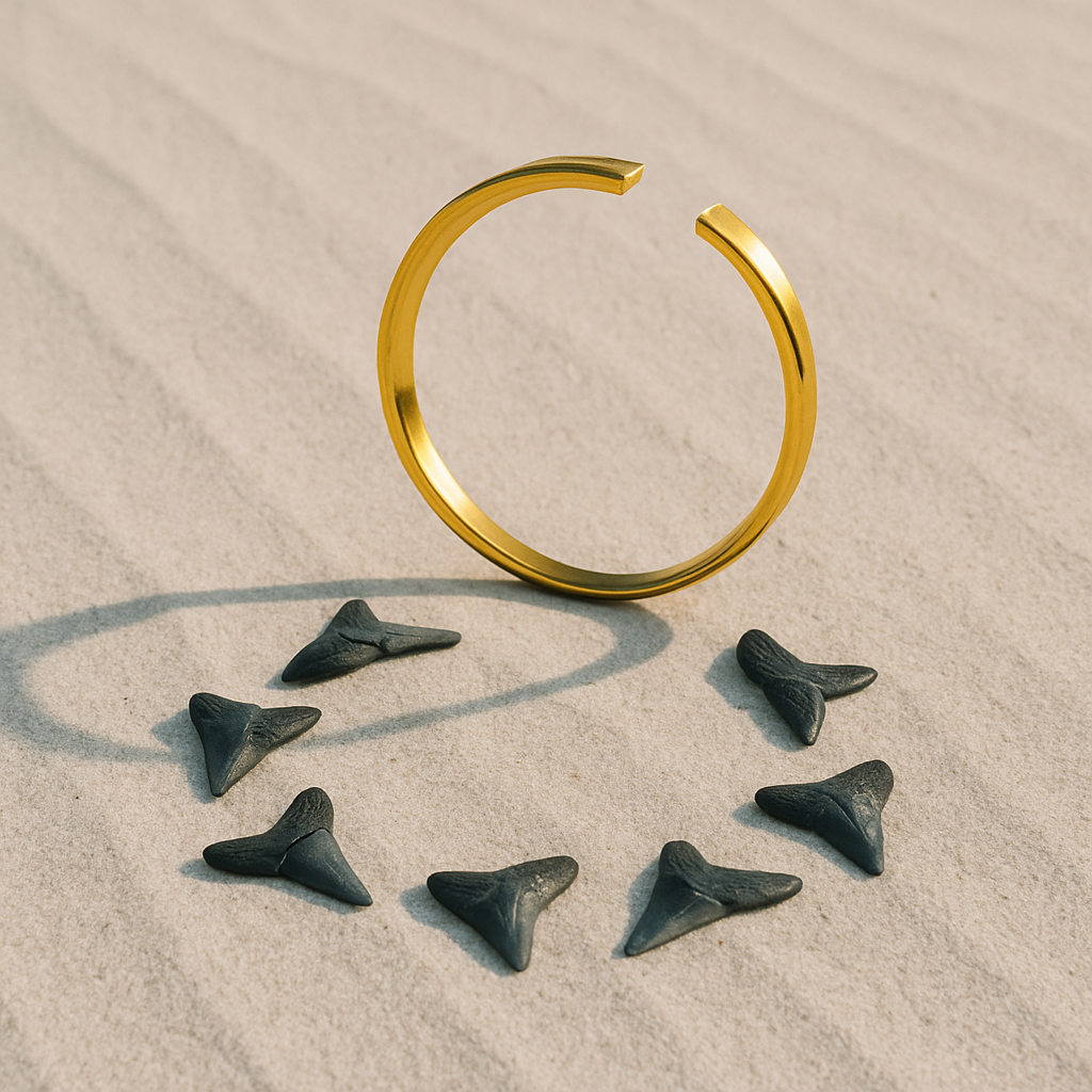 Ancient Currency artwork with a gold cuff and fossilized shark teeth arranged in sand