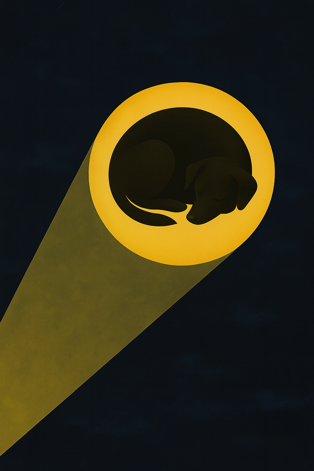 Sleepy Puppy artwork with a sleeping dog curled inside a glowing golden circle on deep navy