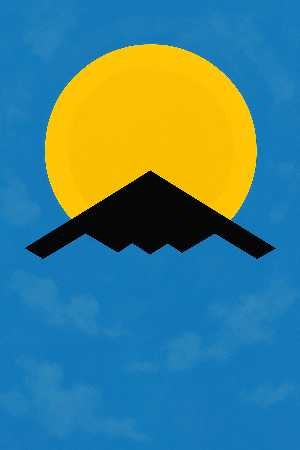 Solar Eclipse artwork with a B-2 stealth bomber silhouetted against a golden sun