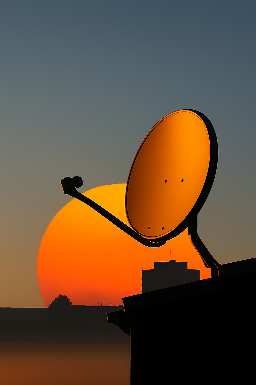 Satellite dish against a sunset sky